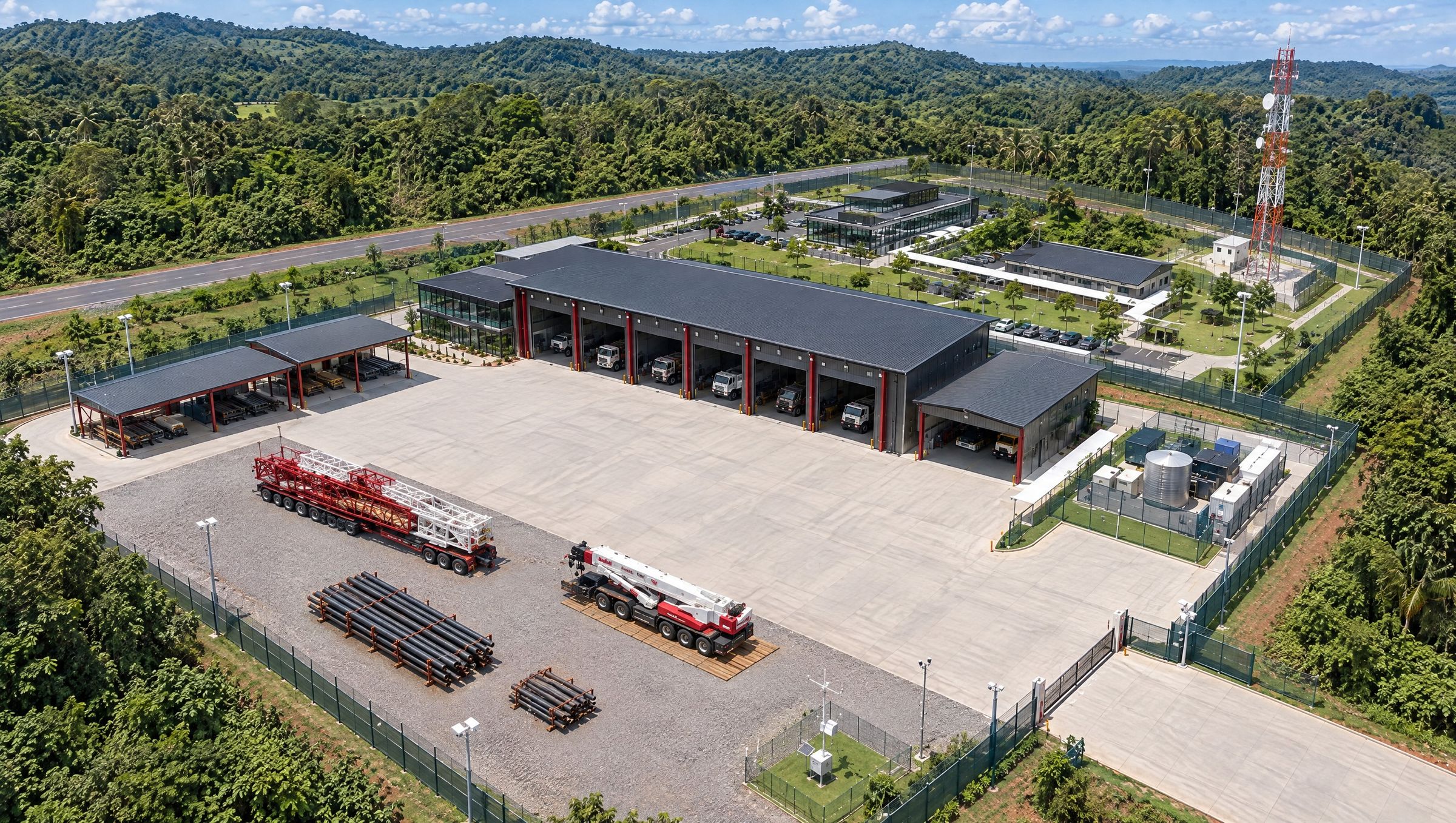 Concept aerial view of the Total Integrated Facility from the yard side: laydown and weather station in front, the six-bay workshop facing the concrete apron, offices, car park and tower beyond